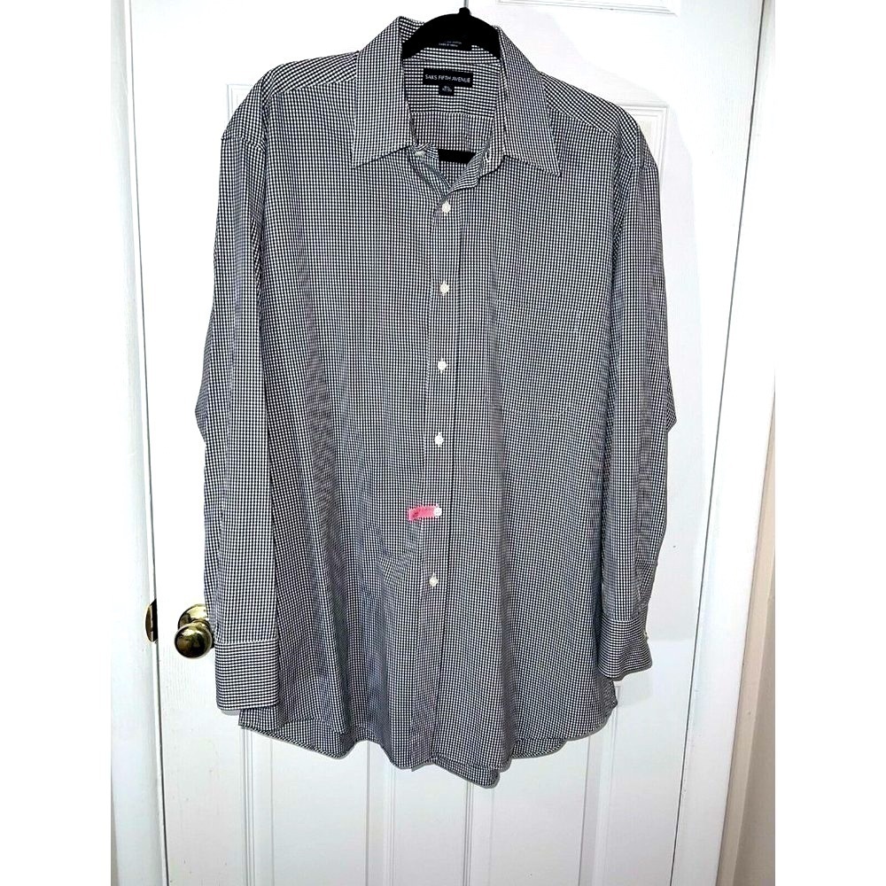 SAKS FIFTH AVENUE Black White Gingham Cotton Button Down Dress Shirt Sz 16 34/35